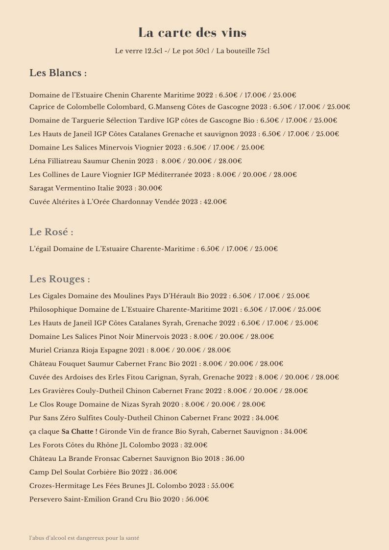 Menu de Restaurant Le 1929 "La Tapasserie Rochelaise" La rochelle