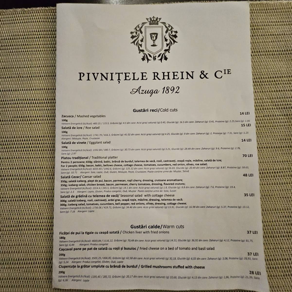 Menu de Restaurant Rhein Azuga