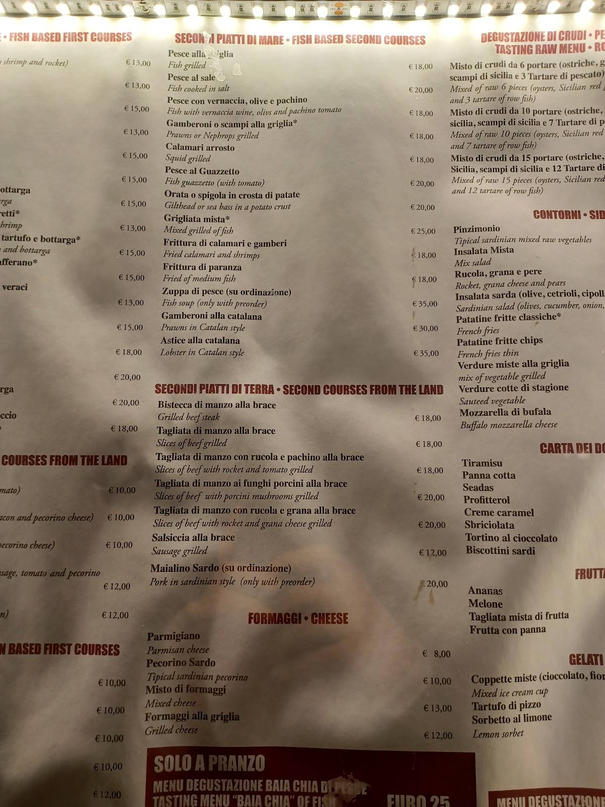 Menu de Ristorante Baia Chia Roma