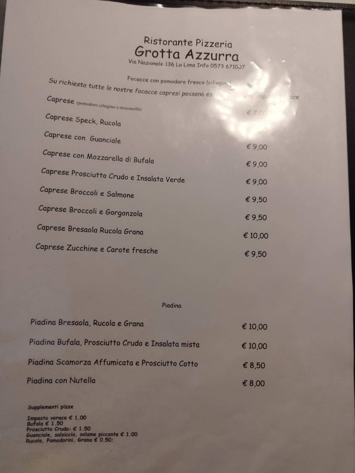 Menu di Ristorante Pizzeria Grotta Azzurra 
