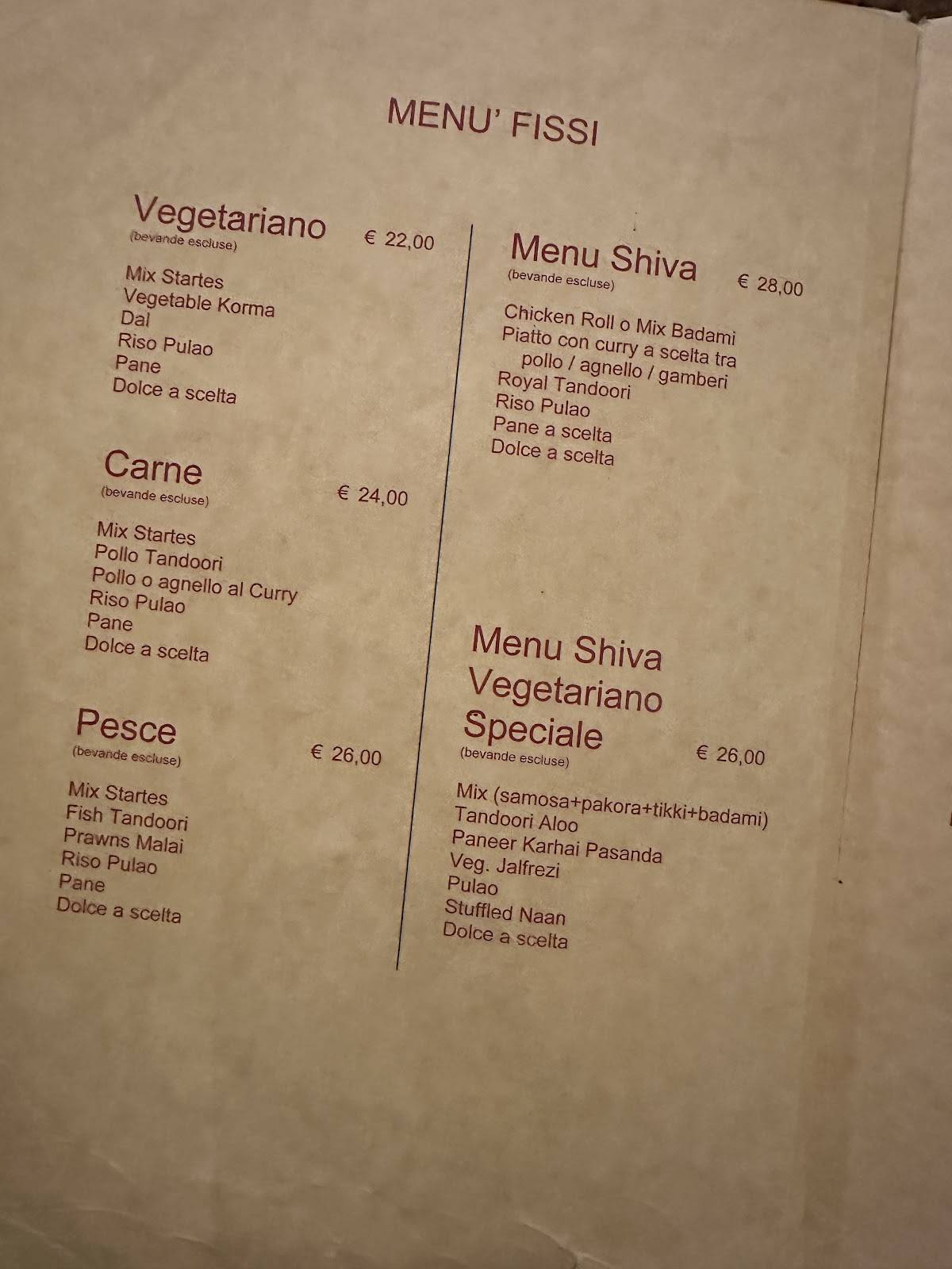Menu di Ristorante Shiva 