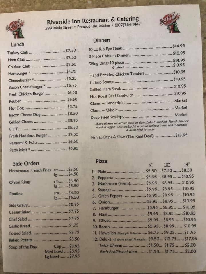 Menu at Riverside Inn Restaurant, Presque Isle