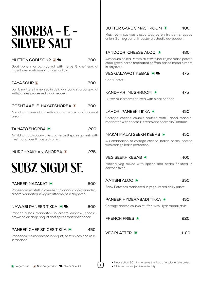 Saberi's Silver Salt Indian Cuisine menu