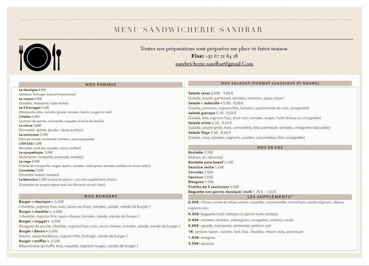 Menu de Sandbar