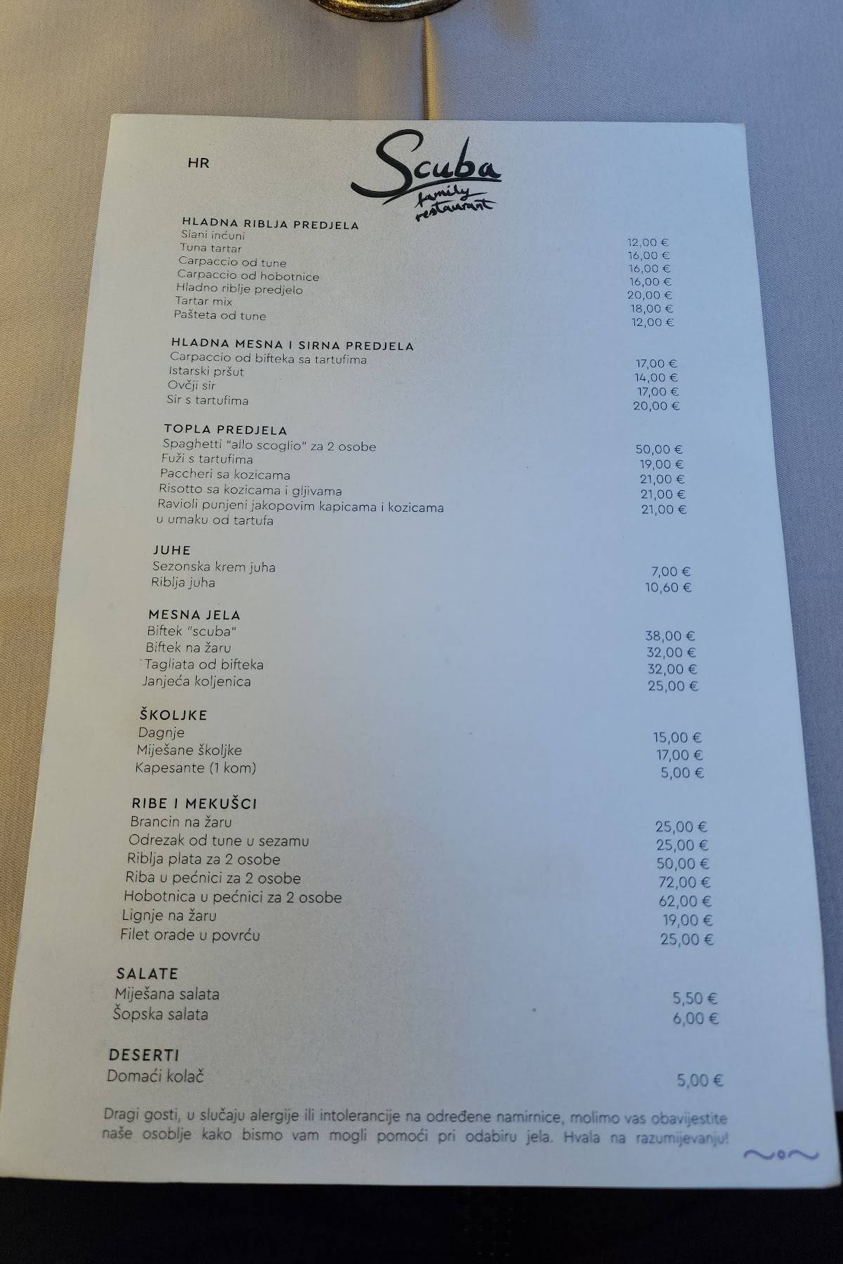 Menu di Scuba restaurant 