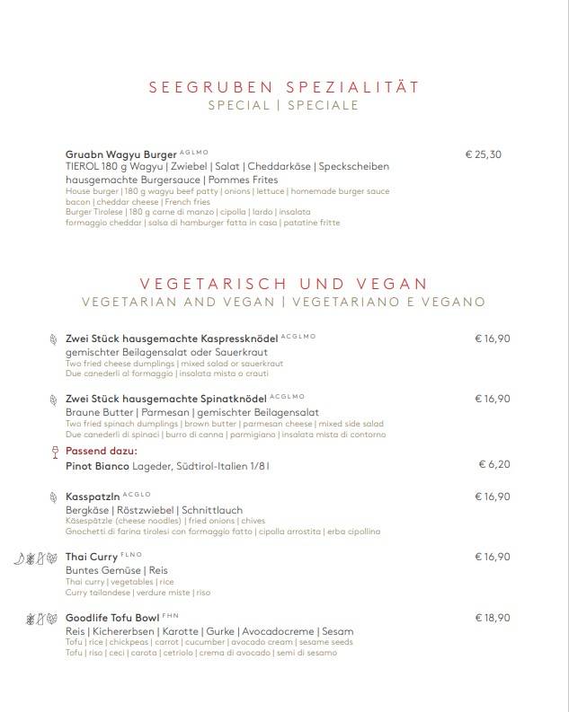 Menu de Restaurant Seegrube