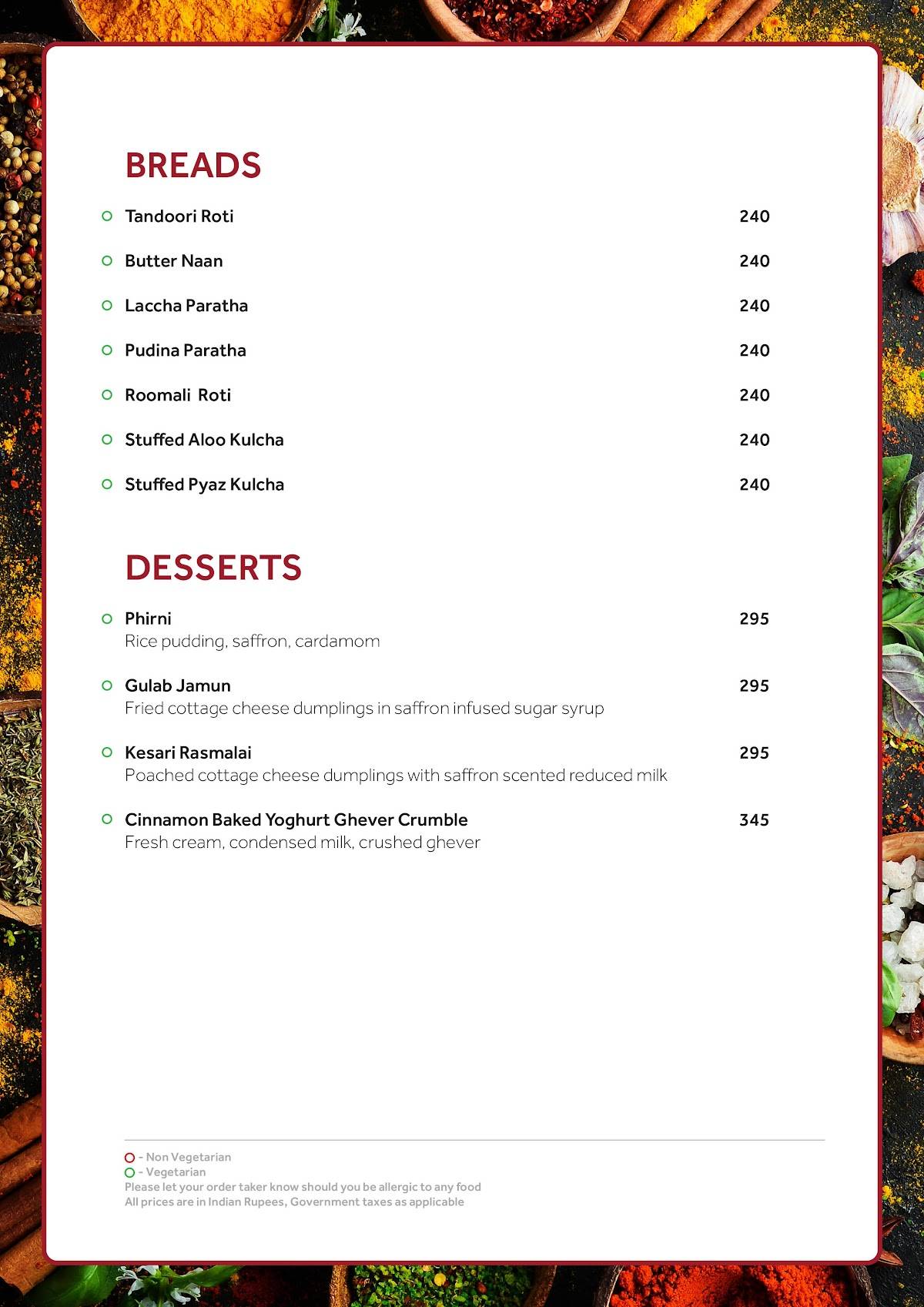 Spice Terrace Restaurant menu