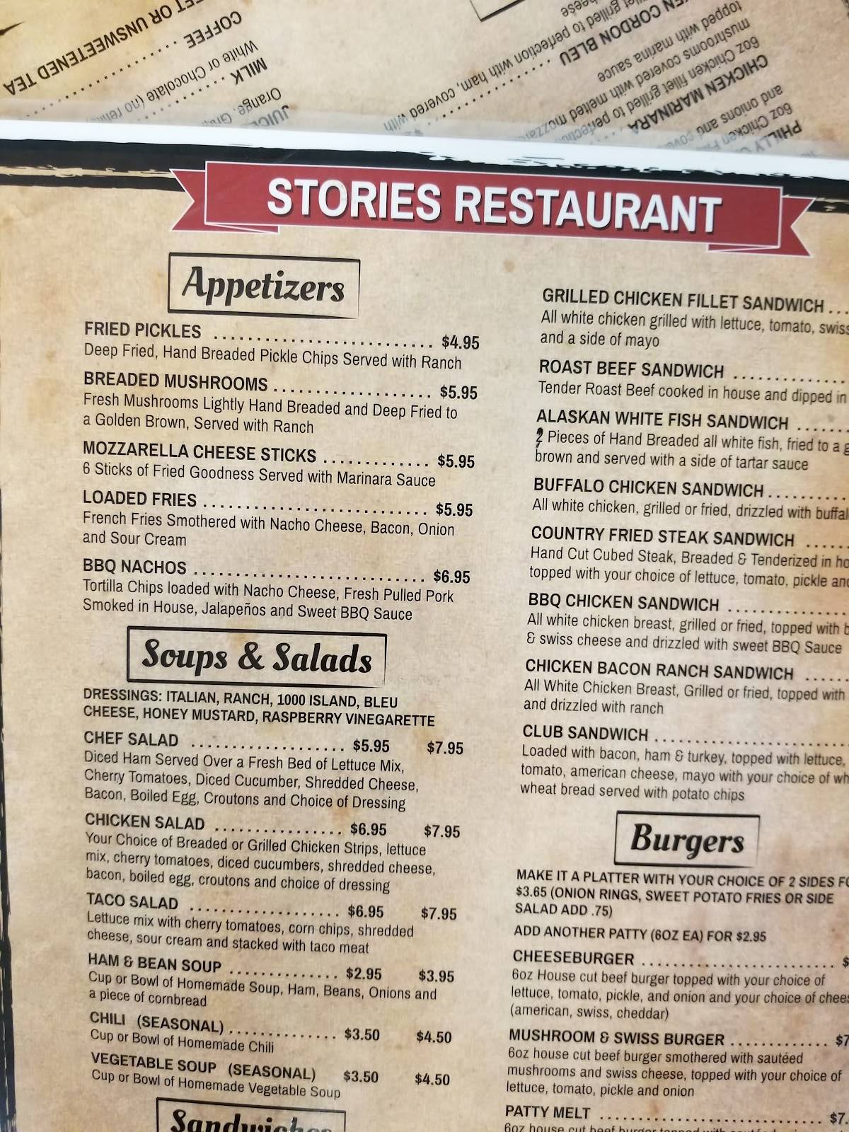 Menu at Storie's Restaurant, Greensburg