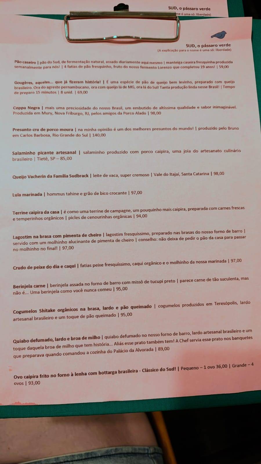 Restaurant Sud Pássaro Verde cardápio