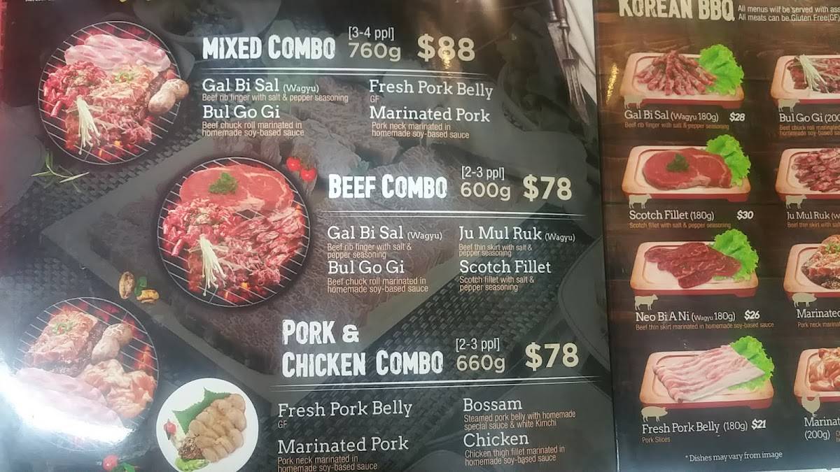 Menu at Surah Korean BBQ, Nowra