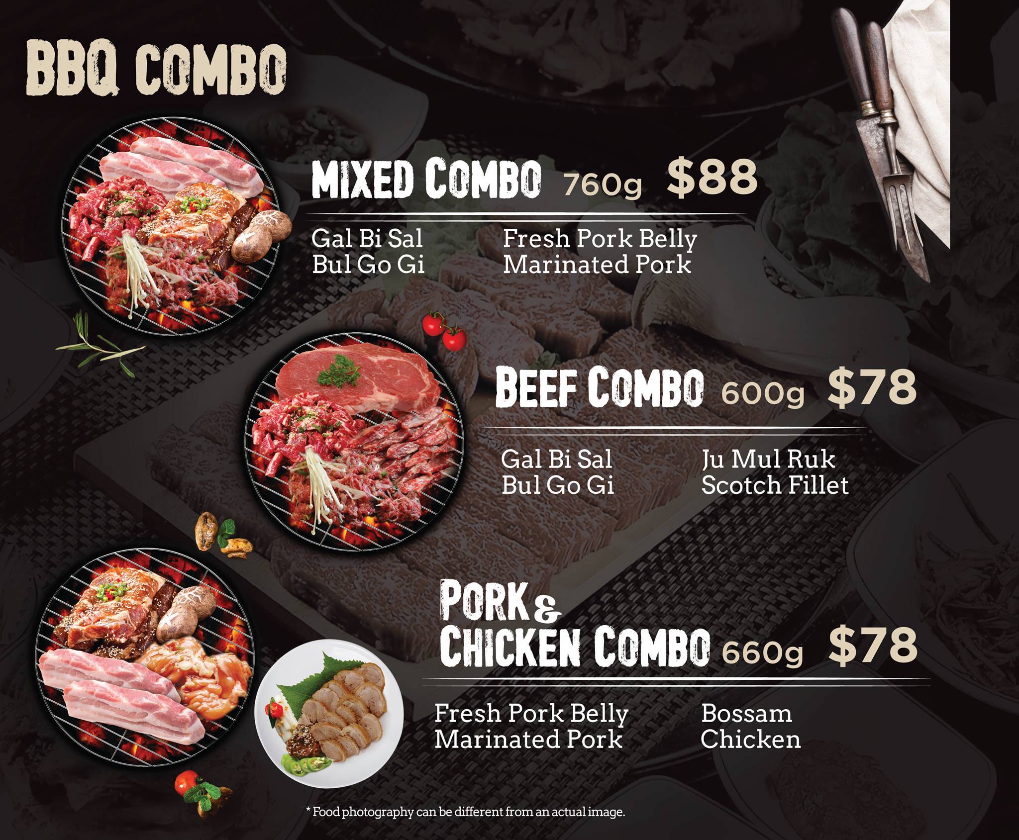 Menu at Surah Korean BBQ, Nowra