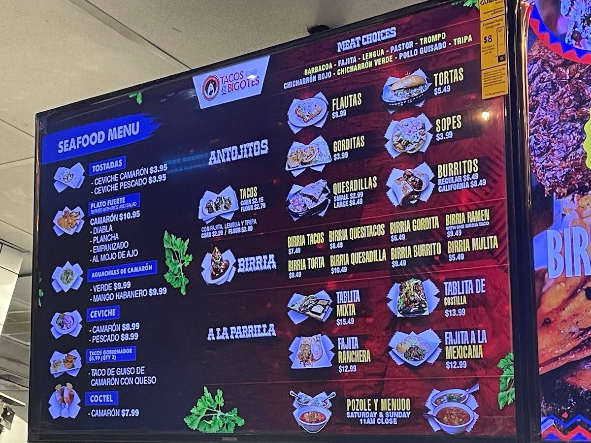 Menu at Tacos El Bigotes restaurant, Houston
