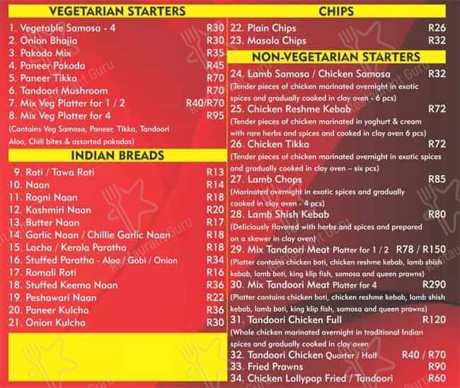 Menu de Taste of India Rivonia