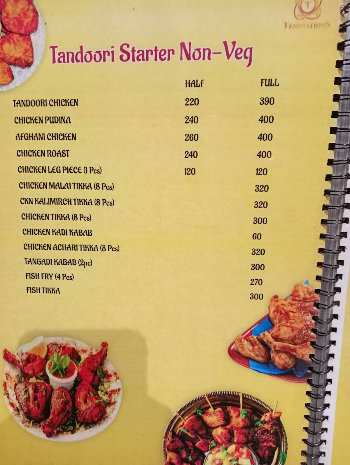 Temptation Restaurant menu