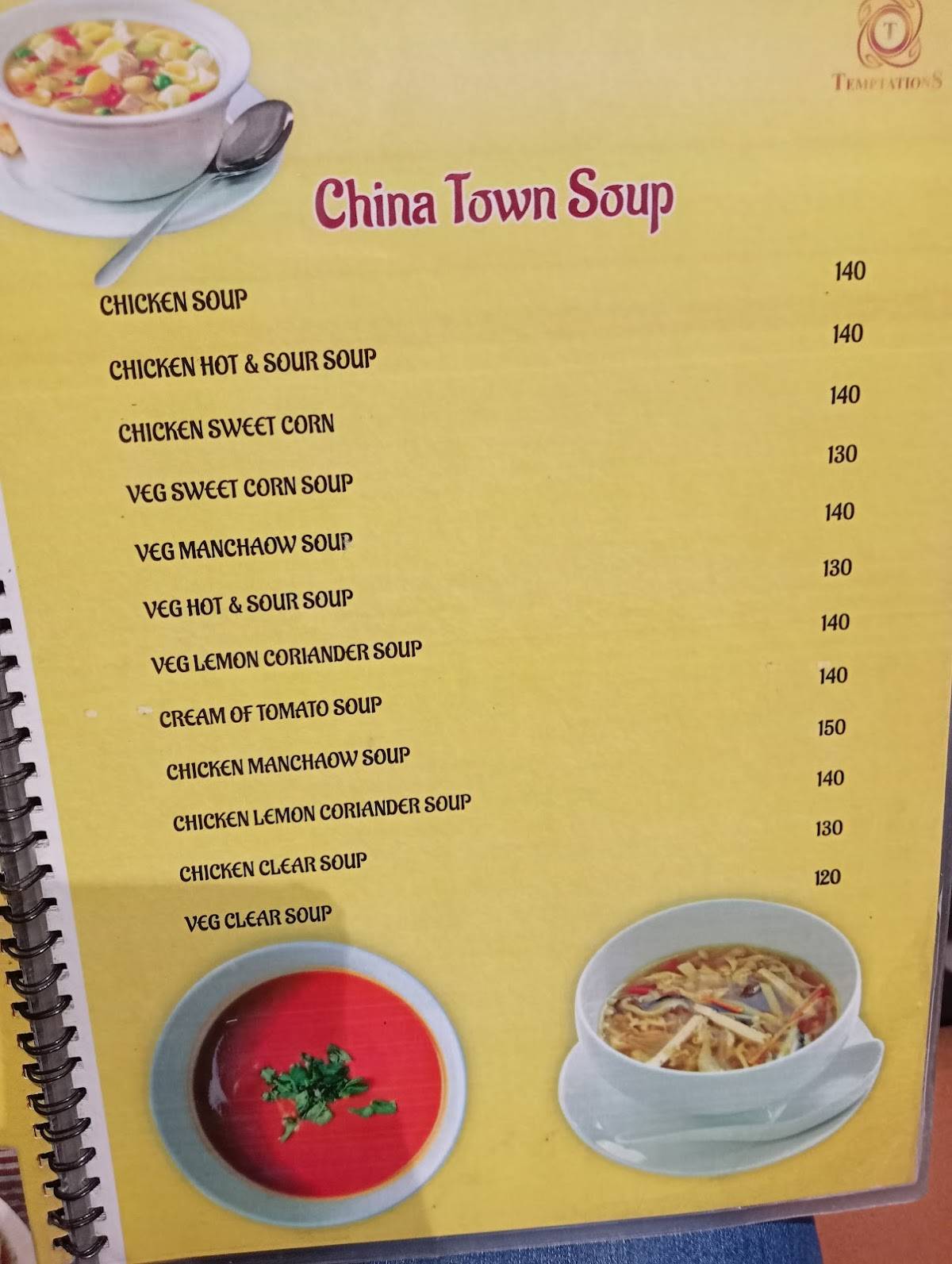 Temptation Restaurant menu