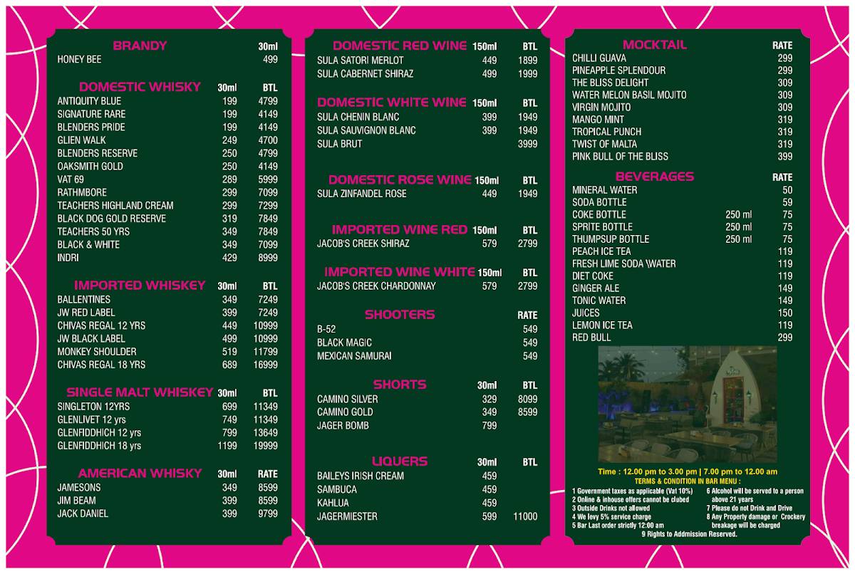 The Bliss Cuisine & Libations, Fine Dine menu