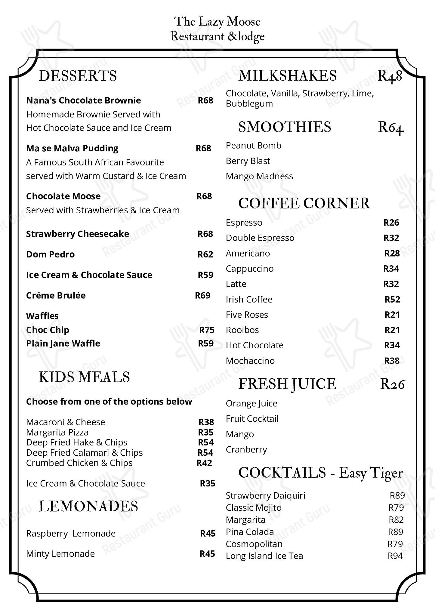 Menu at The Lazy Moose Restaurant & Lodge, Ezembeni