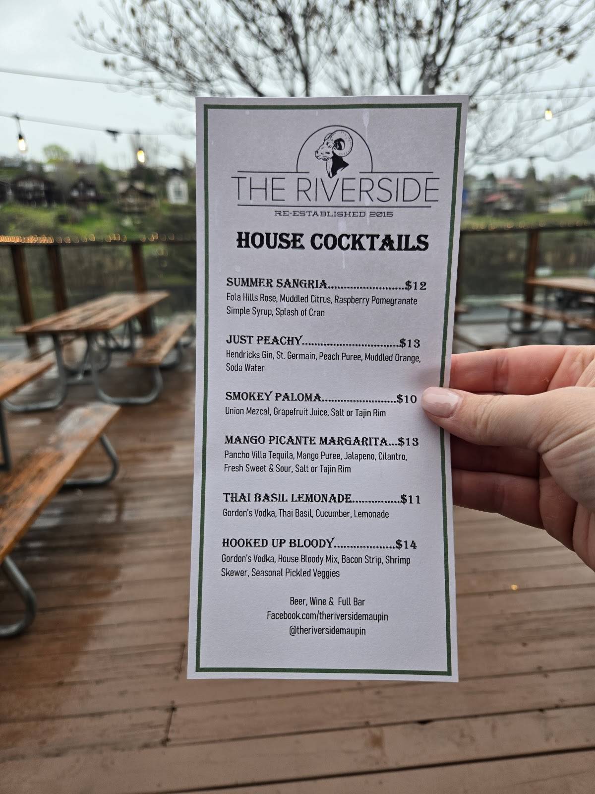 Menu at The Riverside restaurant, Maupin