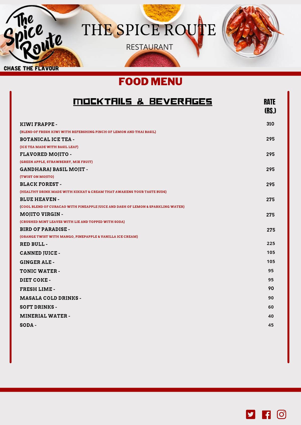 The Spice Route menu