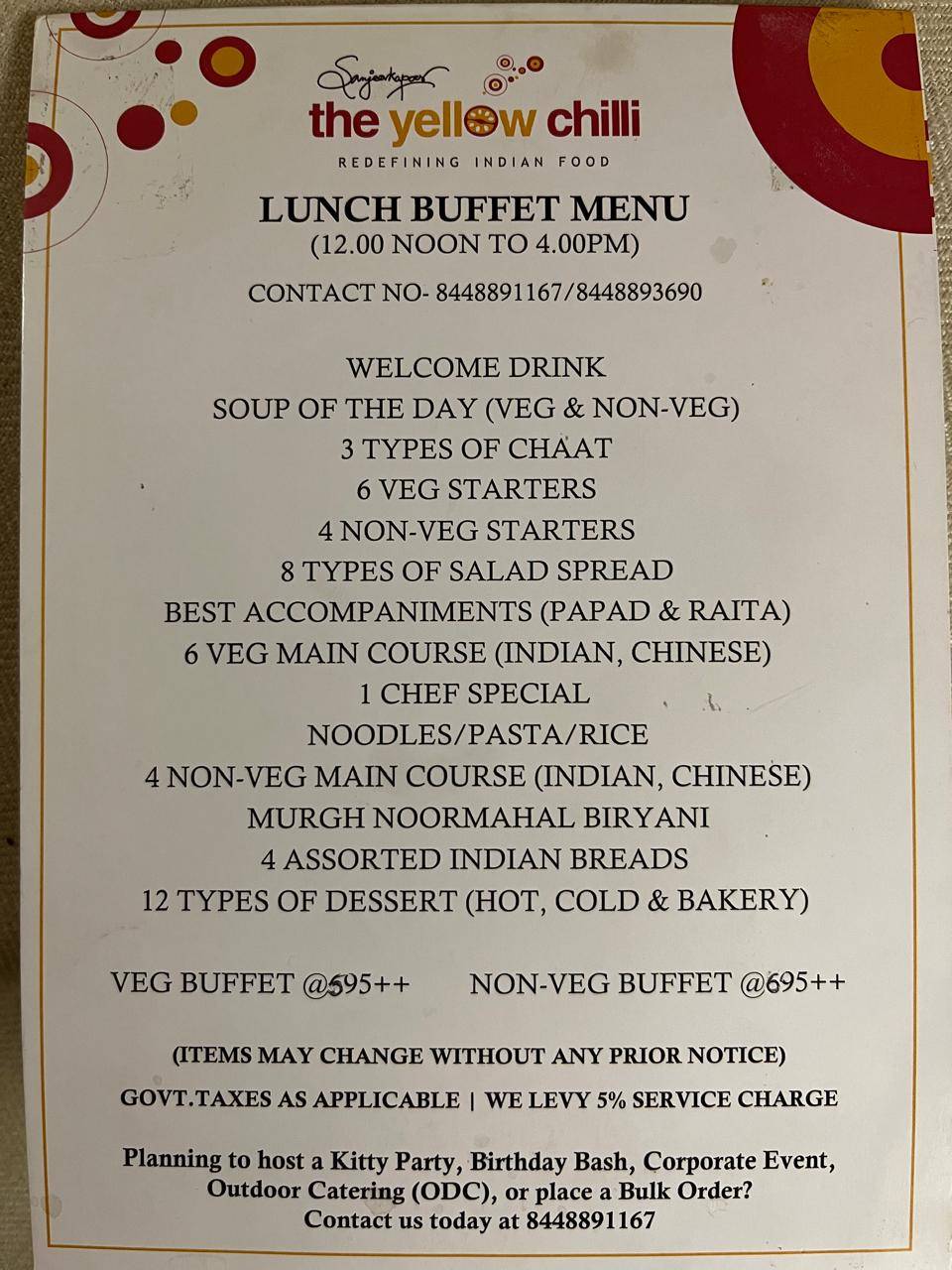 The Yellow Chilli - Sector 90 menu