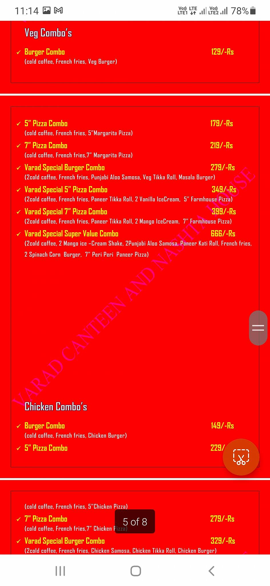 Varad Canteen and Nashta House menu