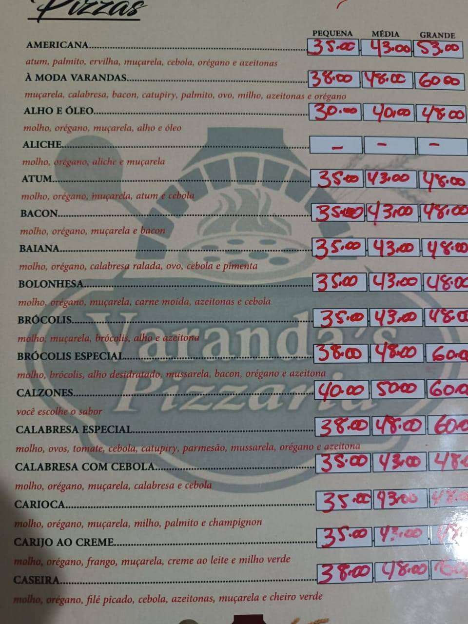 Varandas Pizzaria - Rio Brilhante cardápio
