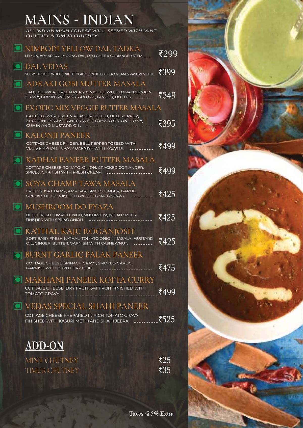 Vedas Earth Bistro menu