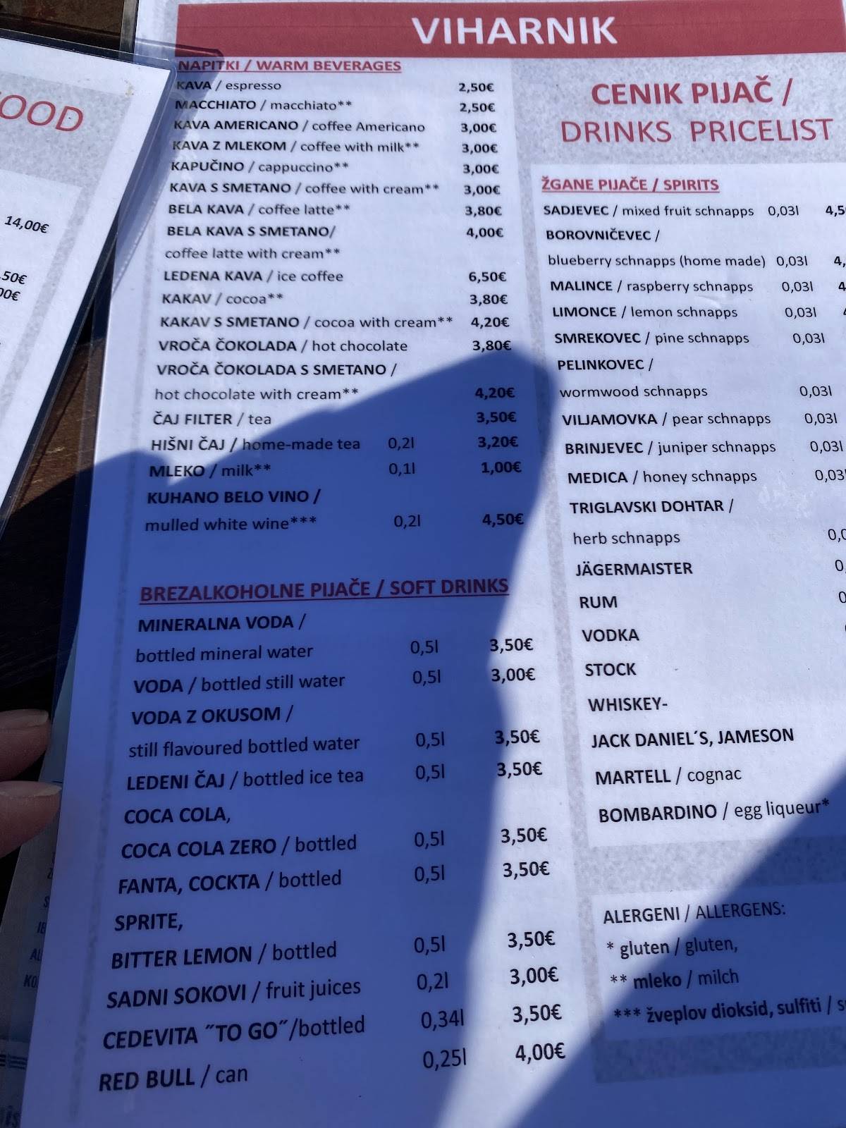 Menu de Restaurant Viharnik