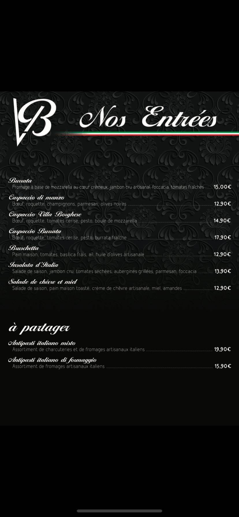 Menu de Villa Borghese