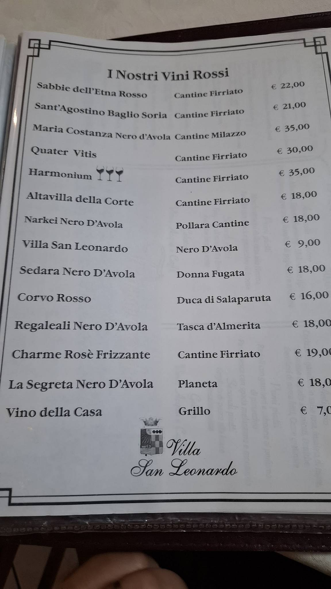 Menu di Villa San Leonardo Ristorante B&B 