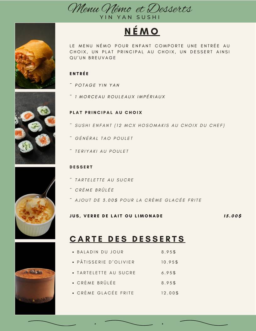 Menu de Yin Yan Sushi
