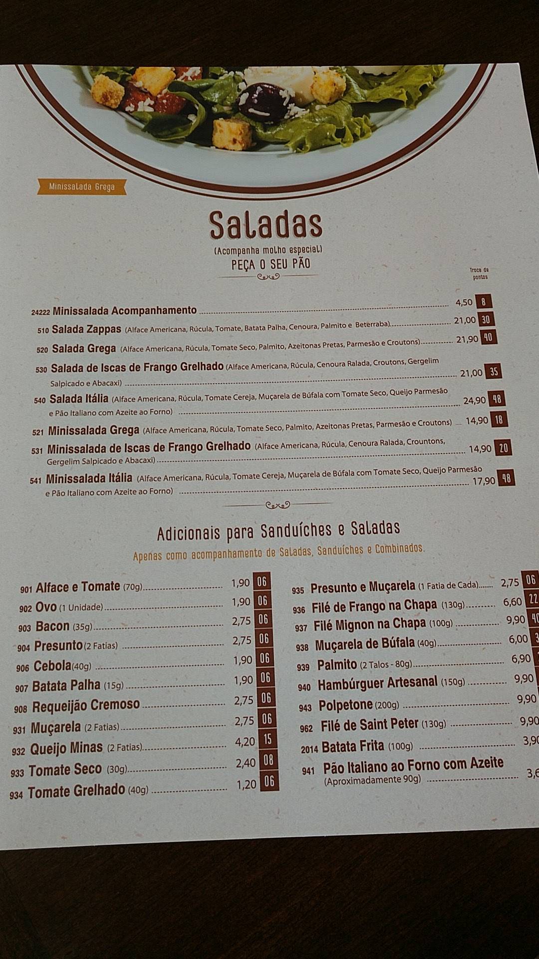 Zappa's Pães e Tentações - Belvedere cardápio