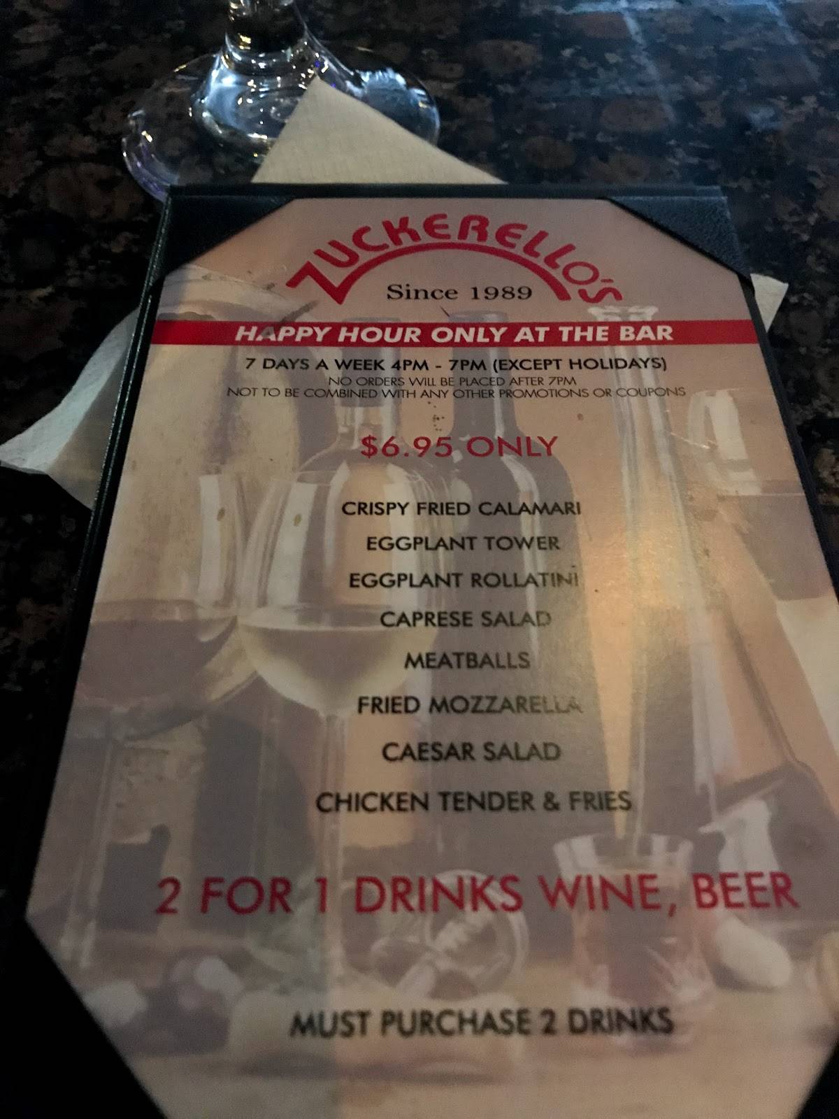 Menu at Zuckerello's restaurant, Fort Lauderdale