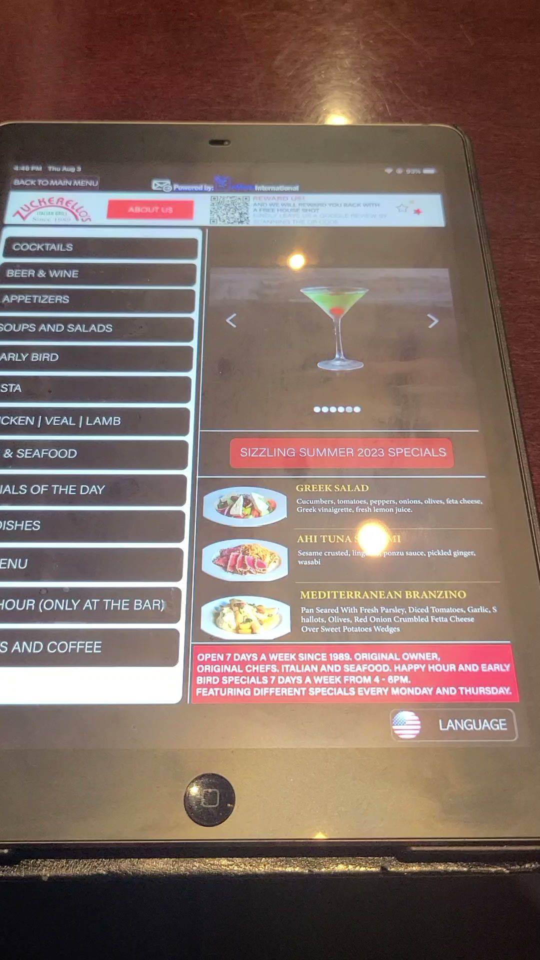 Menu at Zuckerello's restaurant, Fort Lauderdale