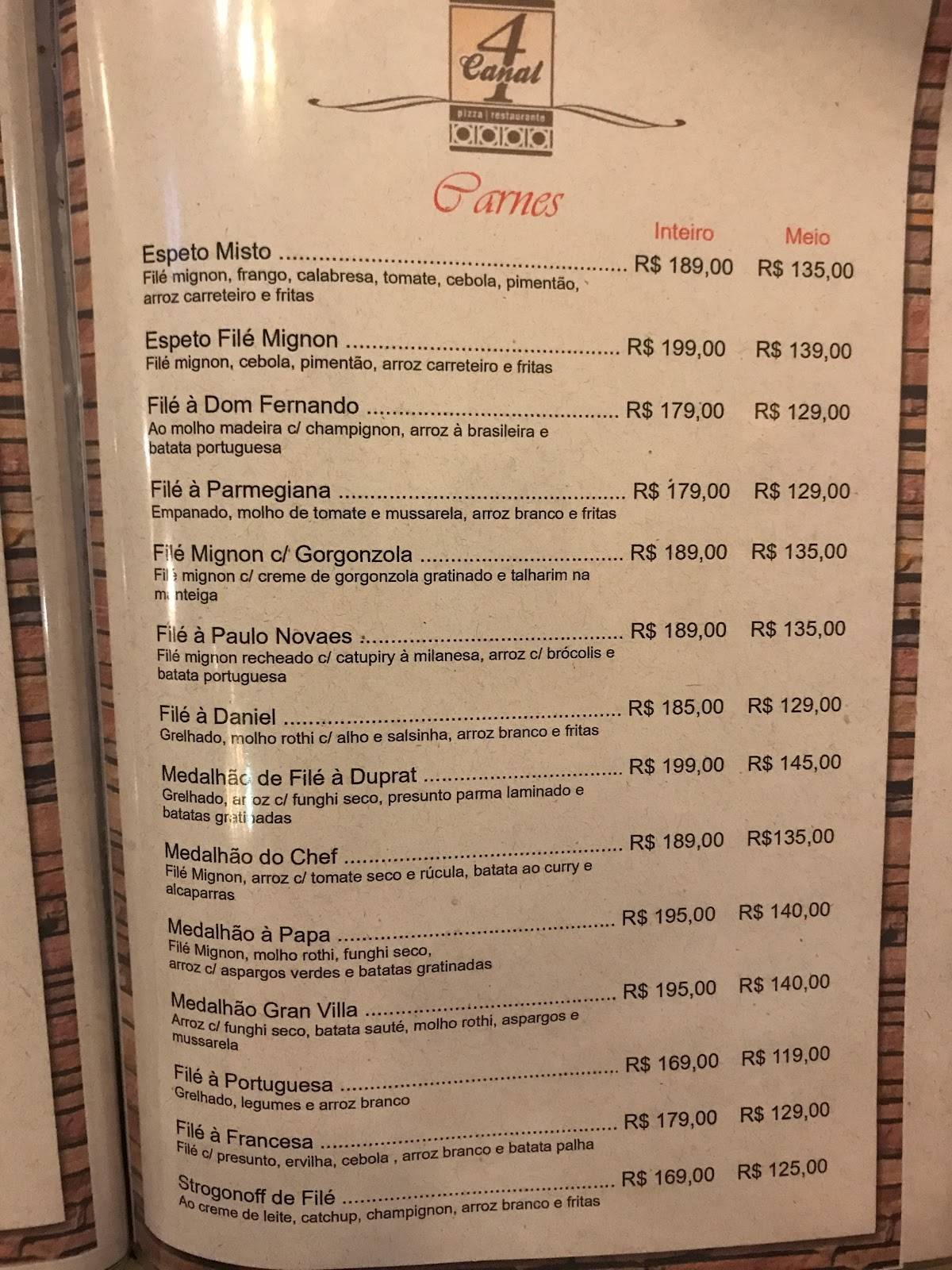 Restaurante Canal 4 cardápio