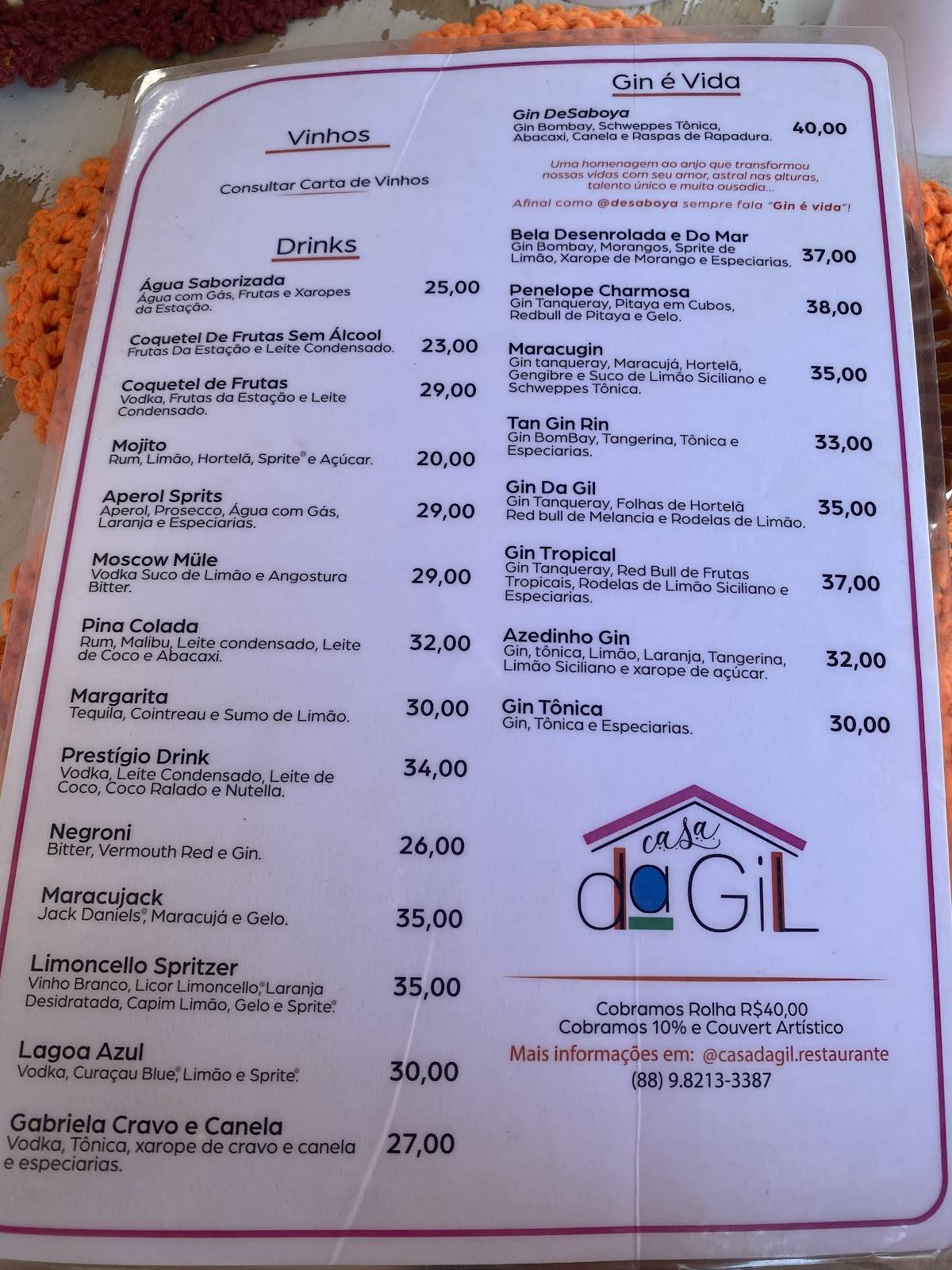 Restaurante Casa da Gil cardápio