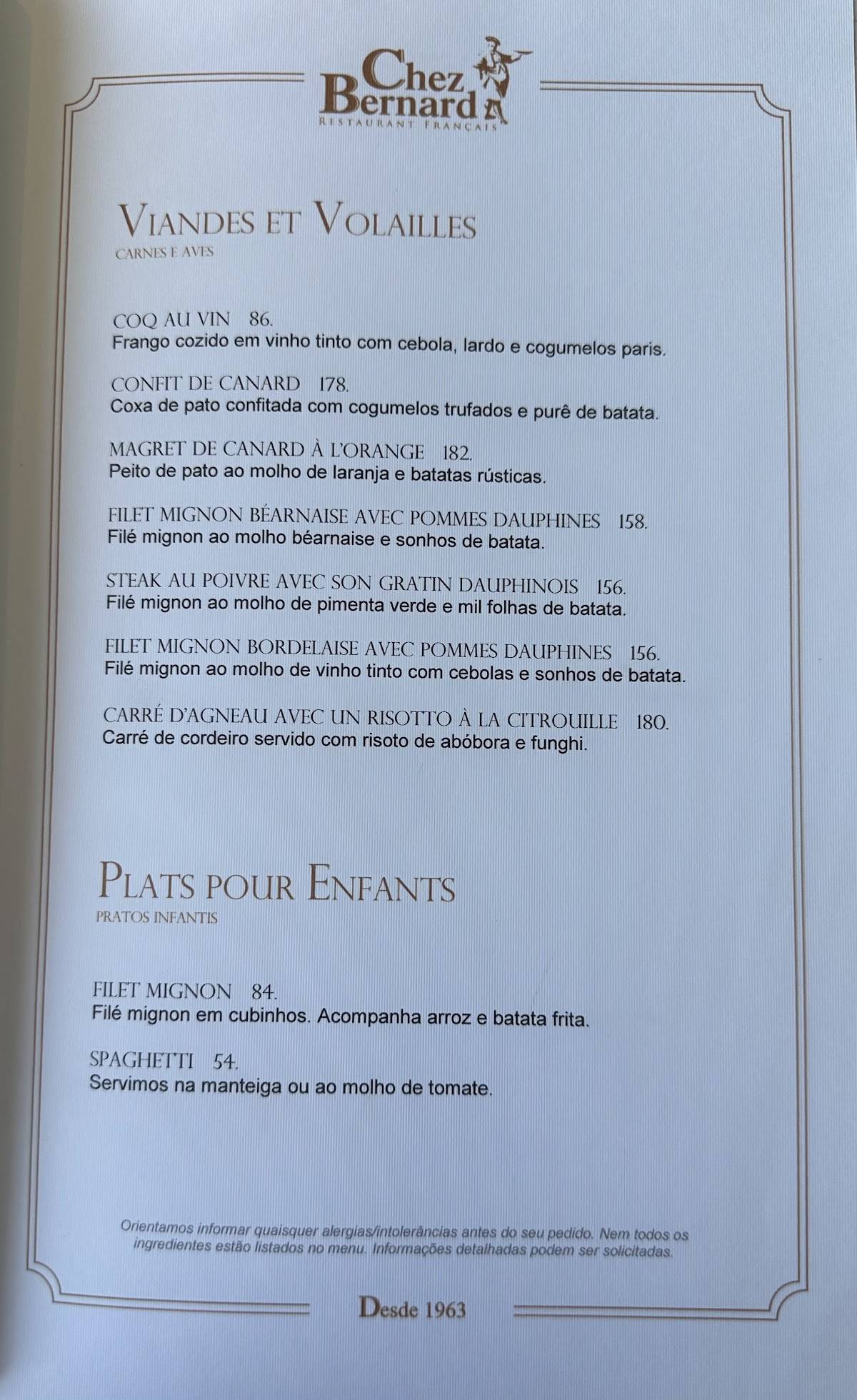 Restaurante Chez Bernard cardápio