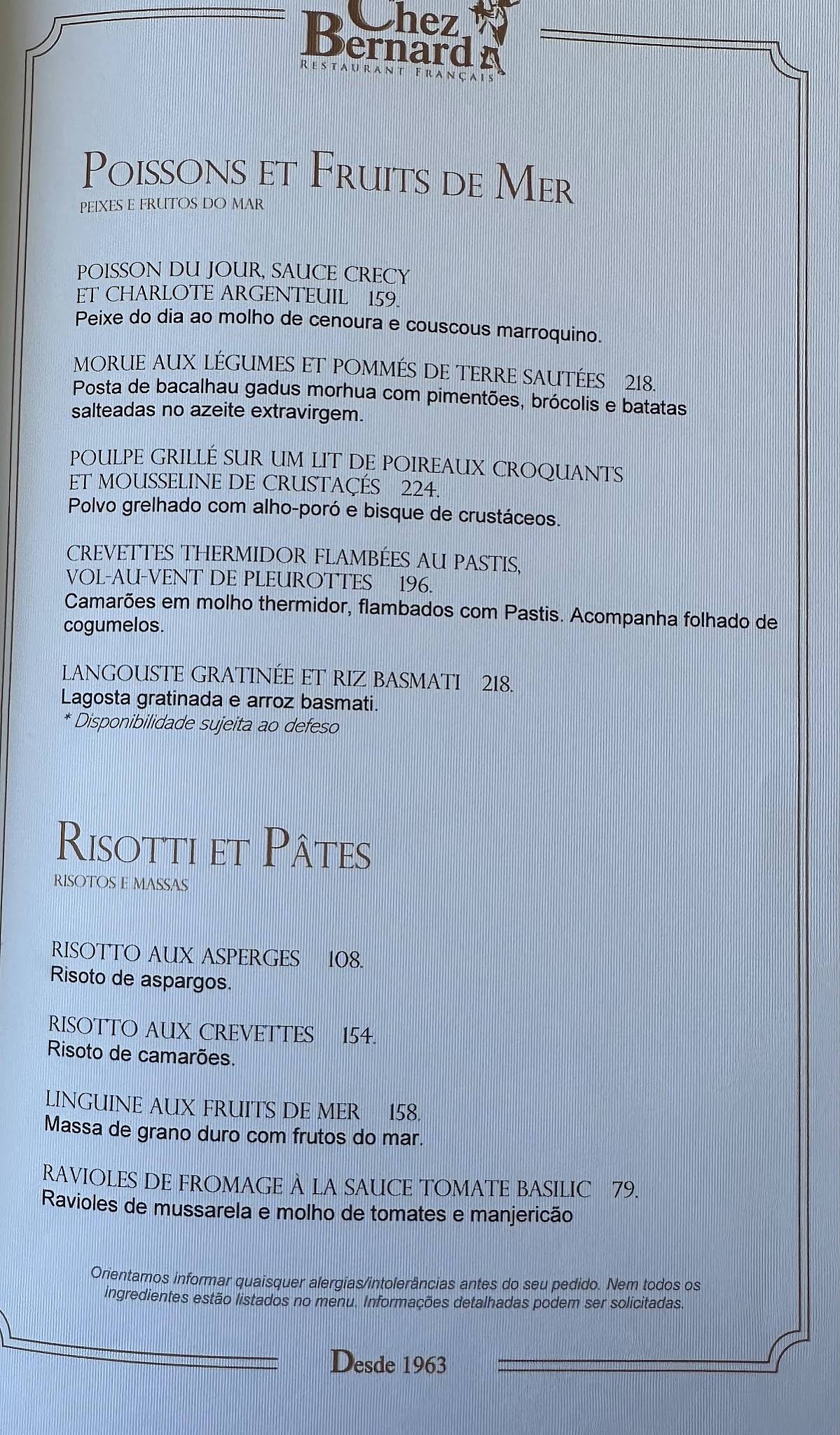 Restaurante Chez Bernard cardápio