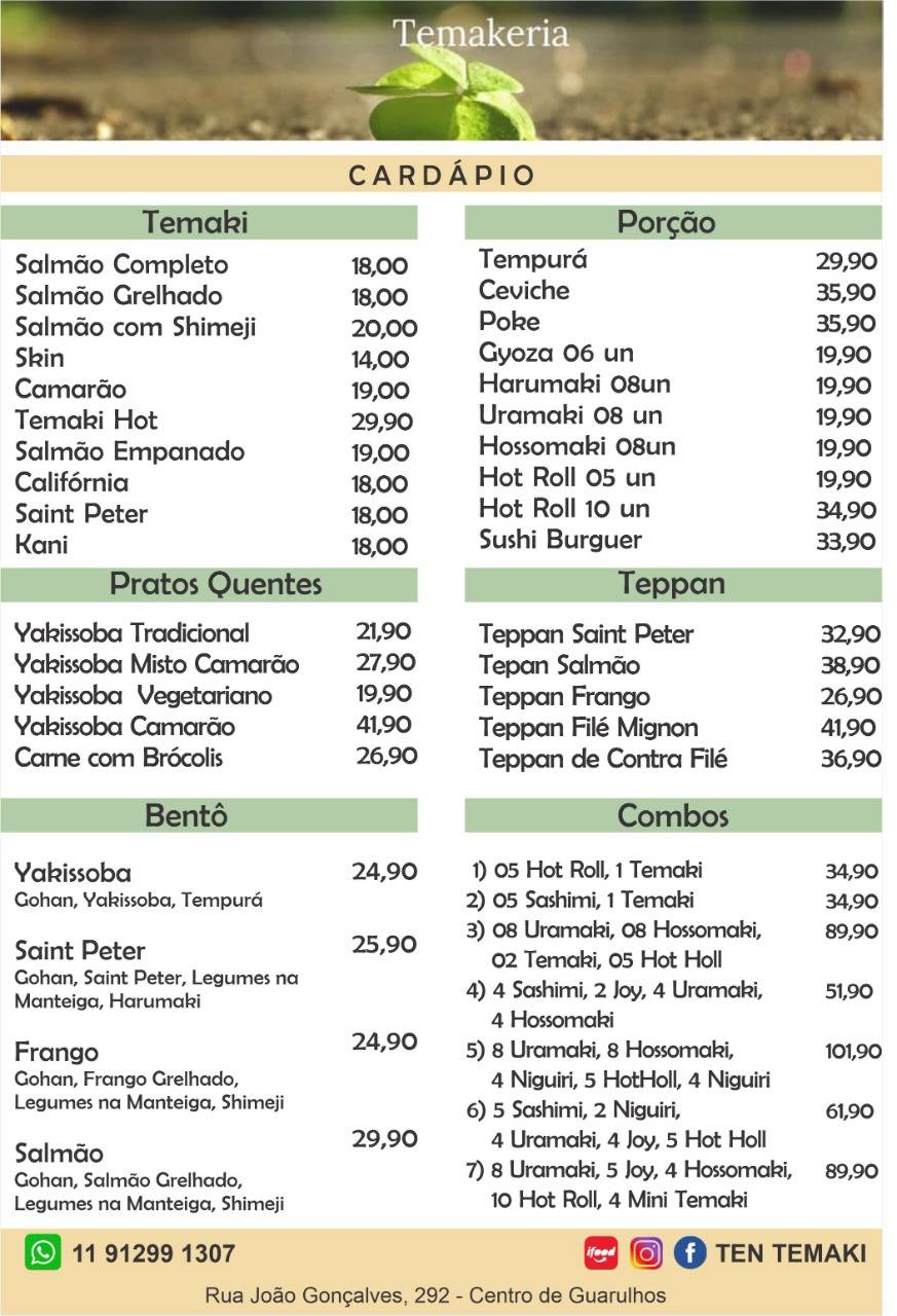 Restaurante Japonês - TEN TEMAKI cardápio