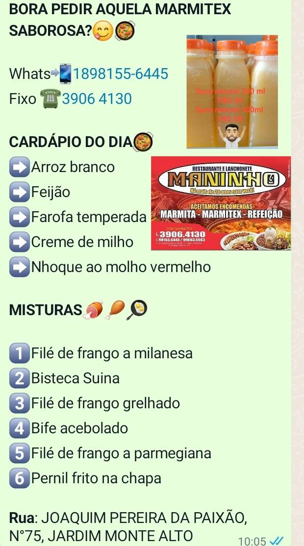 Restaurante pousada Maninho e Lanchonete cardápio