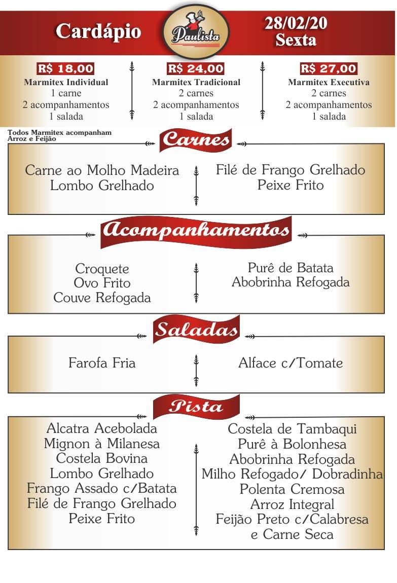 Restaurante Paulista 1 cardápio