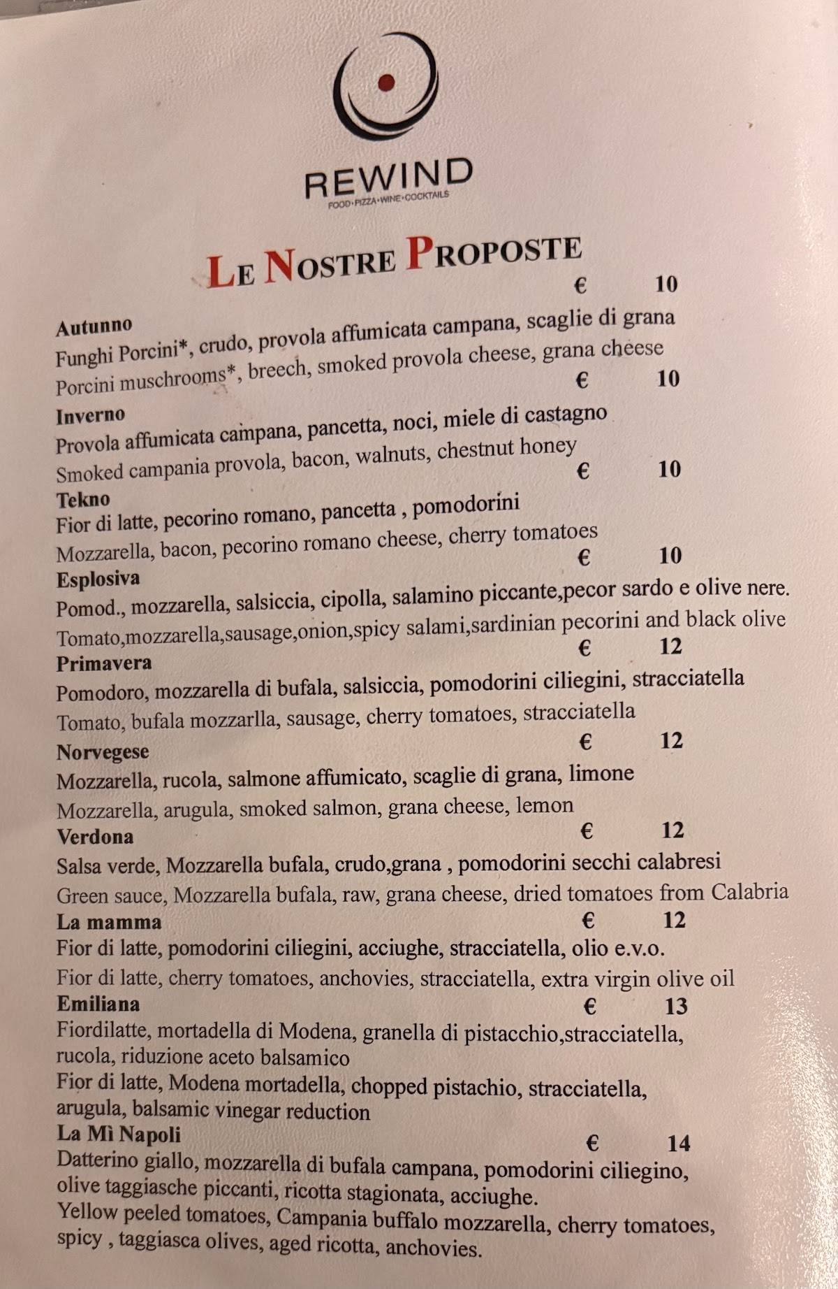 Menu di Rewind Pizzeria Ristorante Wine bar & cocktail bar 