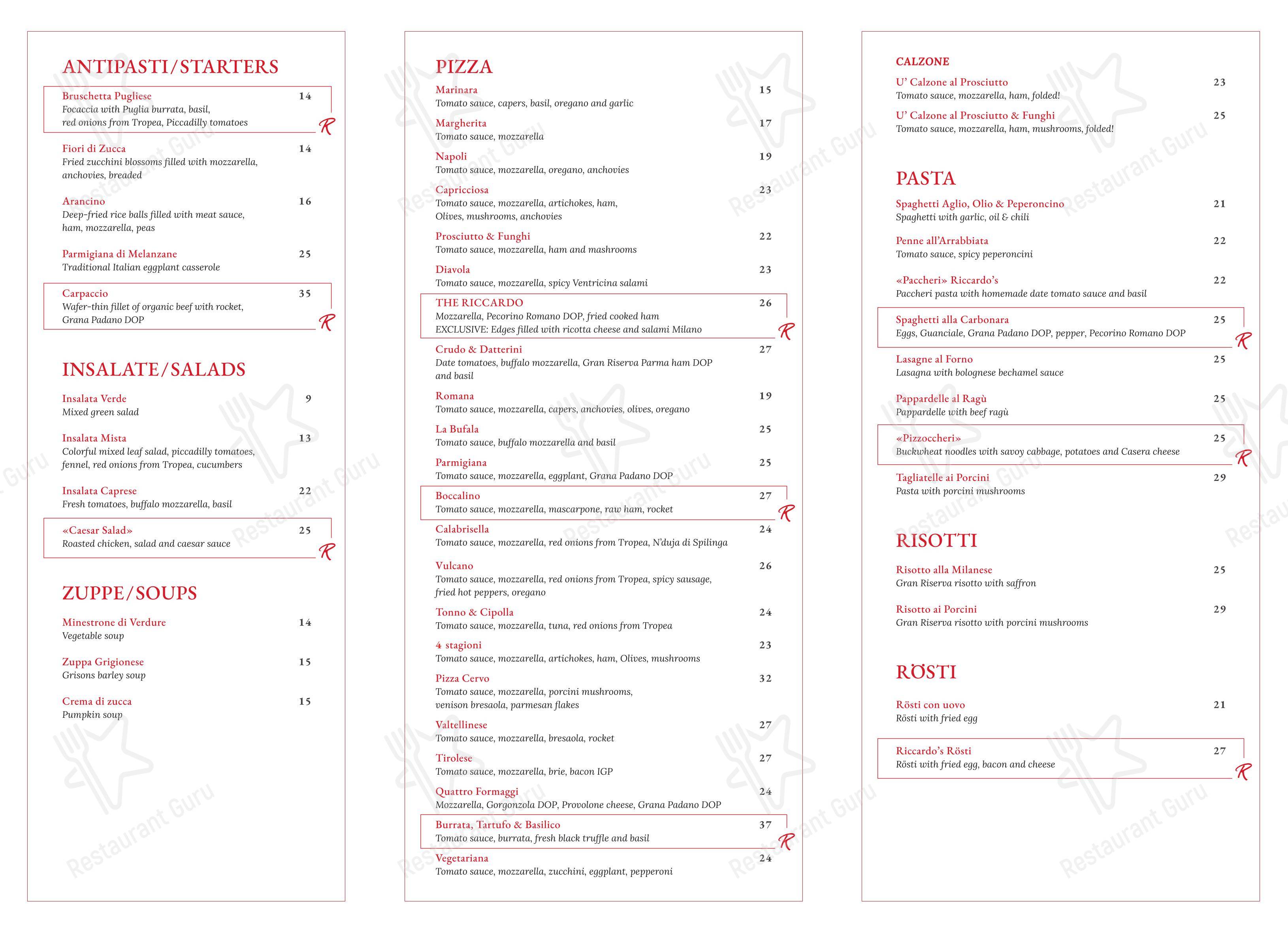 Pizzeria Ristorante Riccardo’s Sils in Sils im Engadin/Segl - Menu