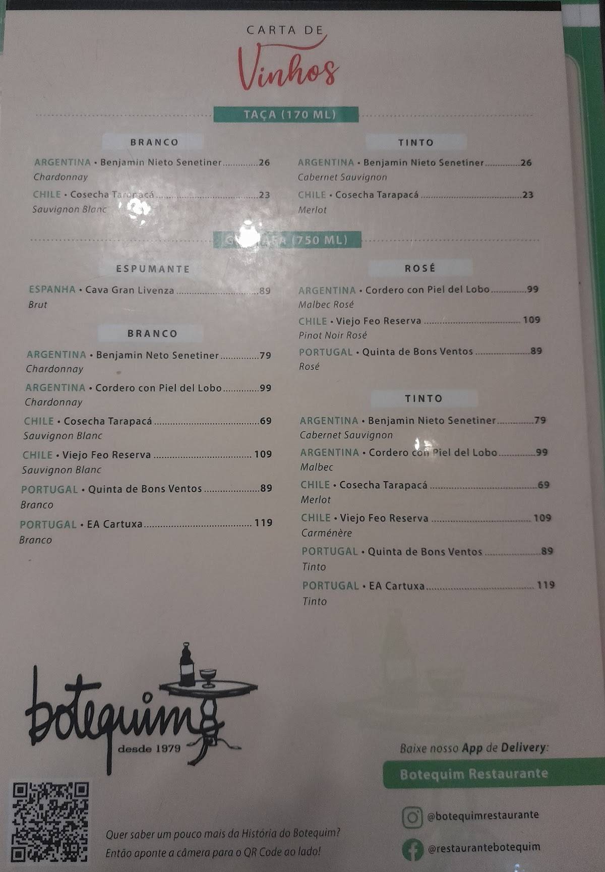 Botequim cardápio