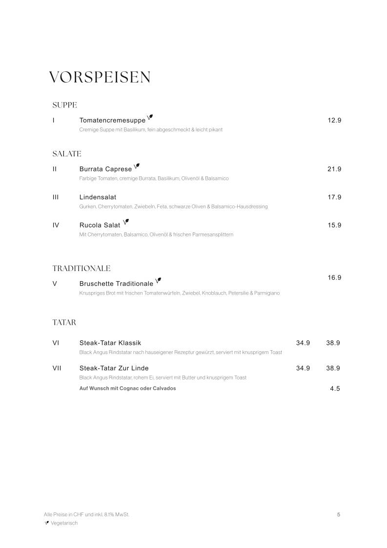 Menu de Restaurant Zur Linde