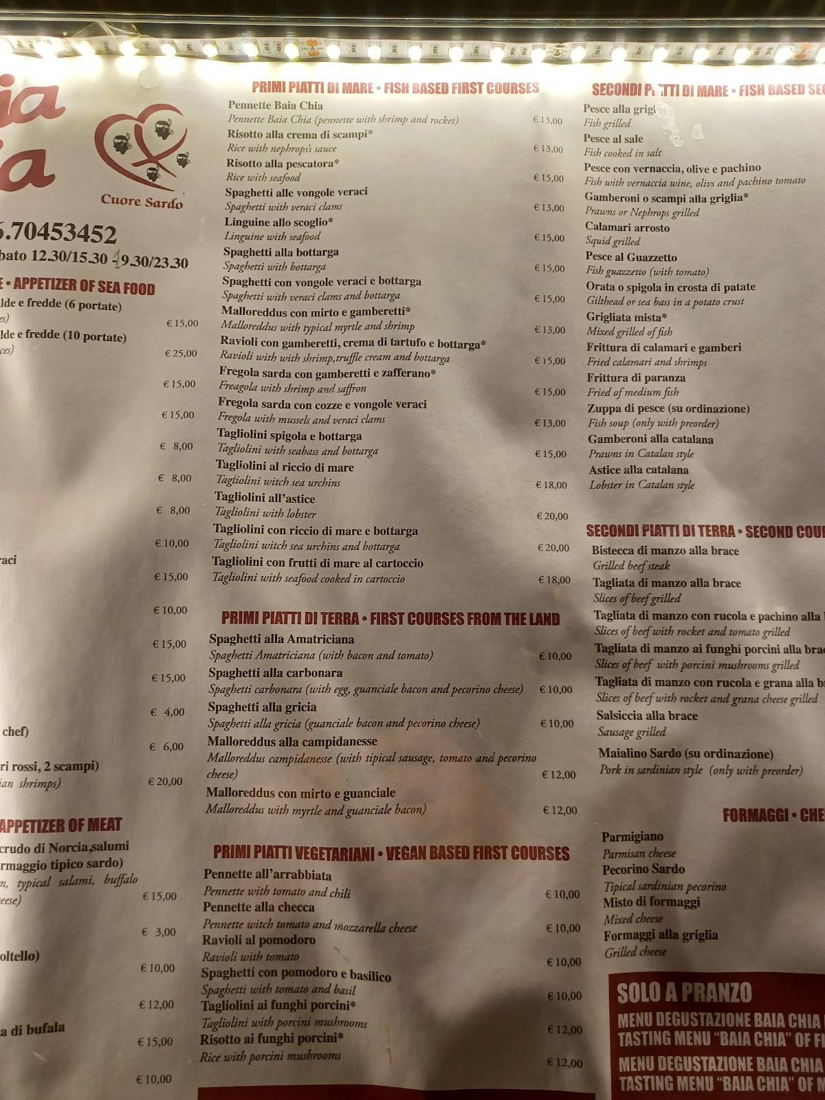 Menu de Ristorante Baia Chia Roma