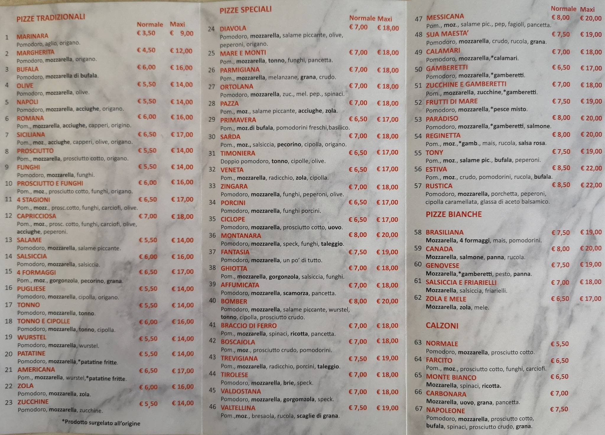 Menu di Pizzeria da Tony 