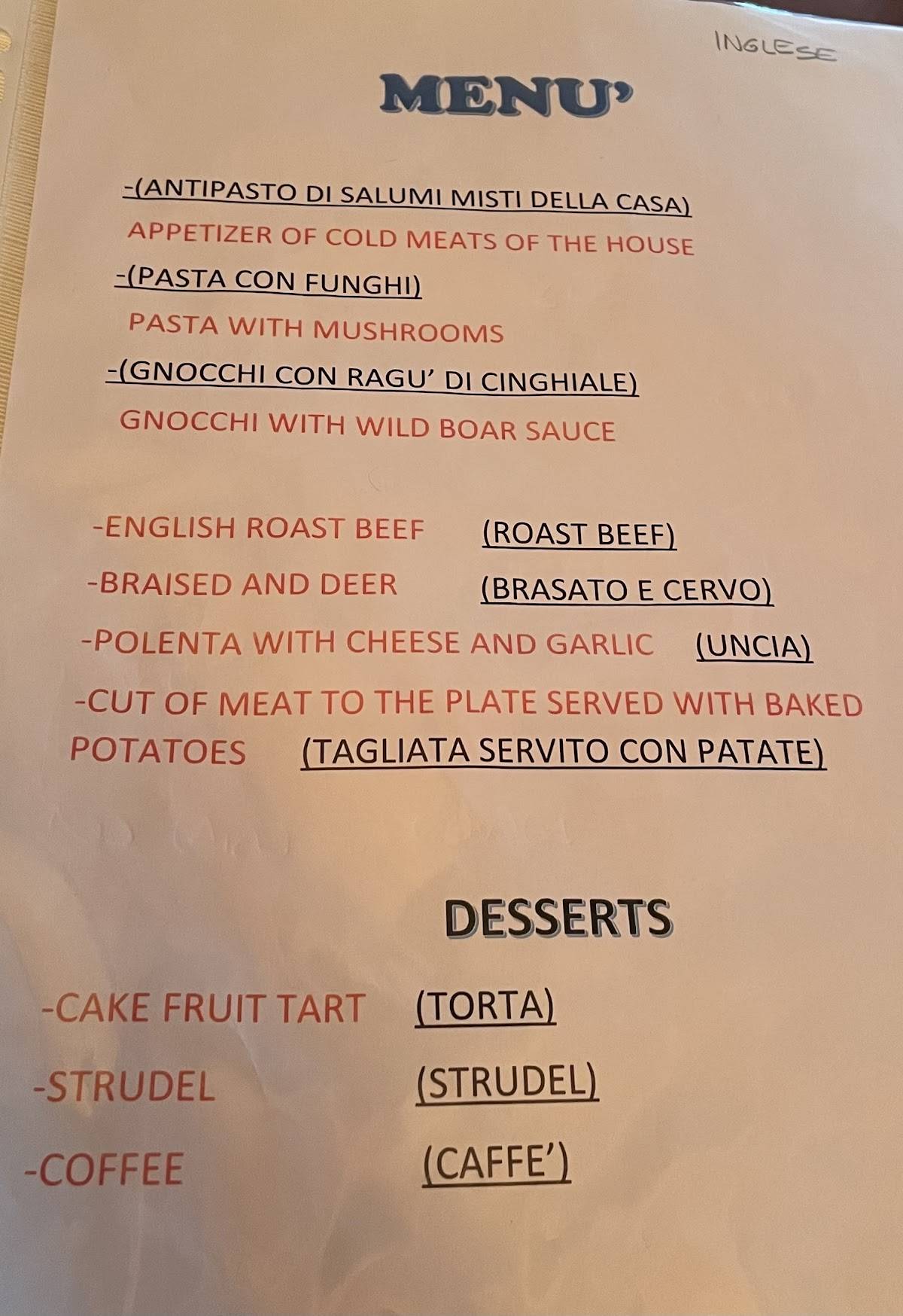 Menu di Ristorante Bar Ranch Augusto 