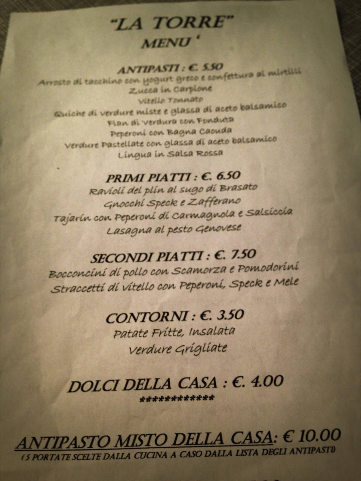 Menu da Ristorante La Torre, Racconigi