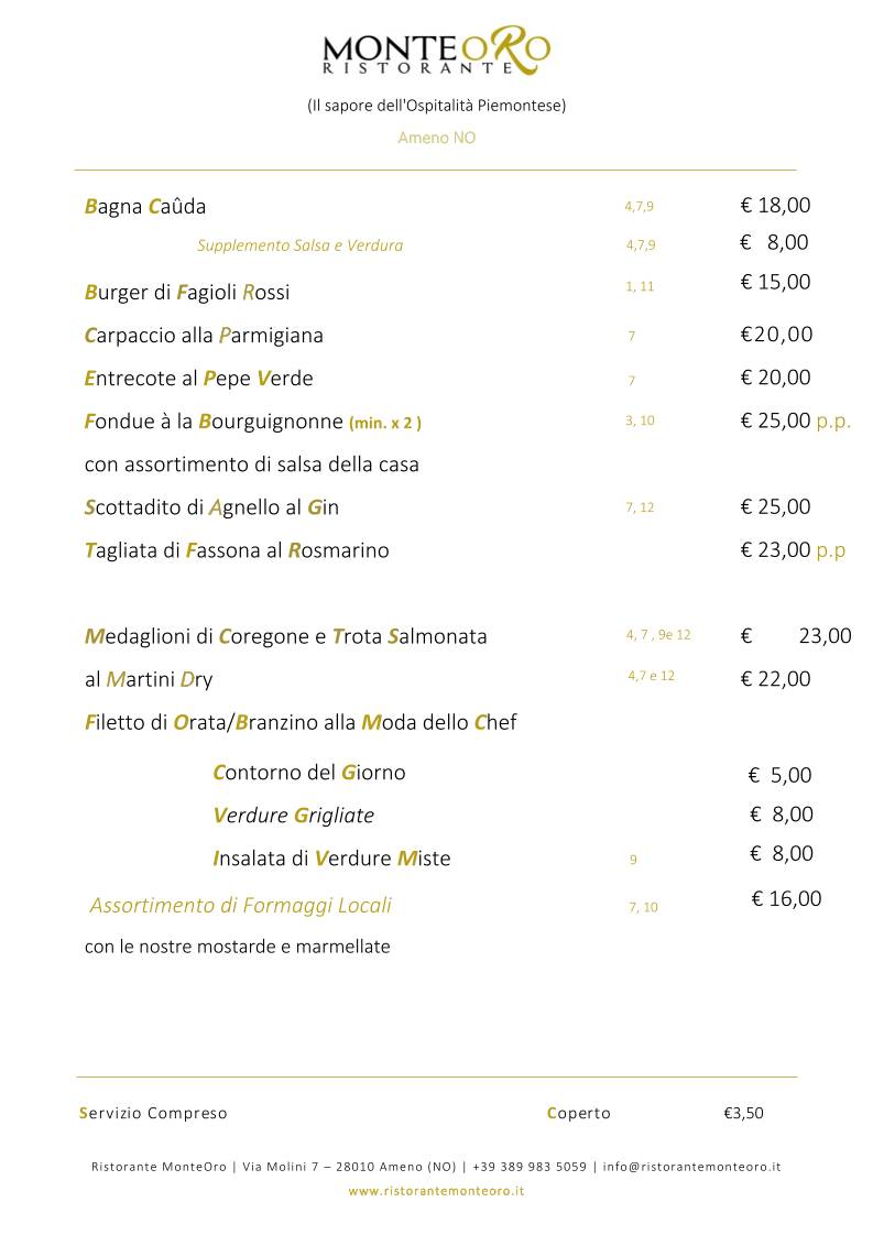 Menu di Ristorante Monte Oro 